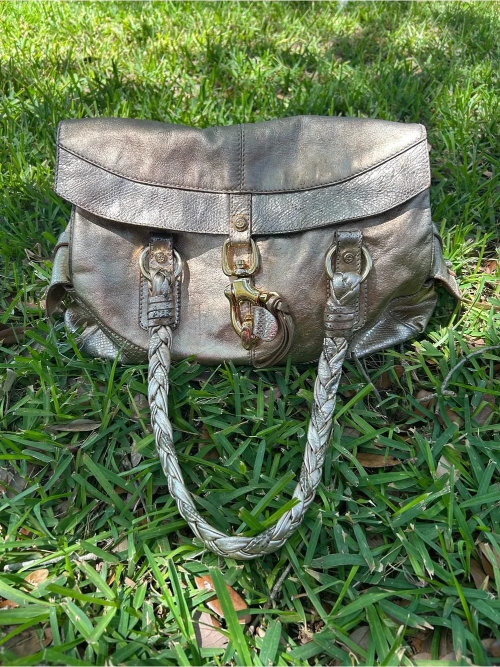 Francesco Biasia Metallic Gold Braided-Handle Large Satchel 100% Leather